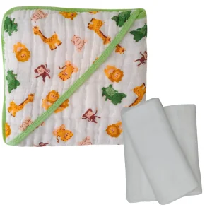 Kit Toalha de Banho Bebê Soft C/Capuz de Fralda + 3 Fraldas de Ombro Branca Com Bainha