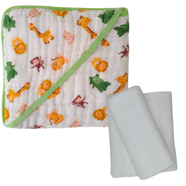 Kit Toalha de Banho Bebê Soft C/Capuz de Fralda + 3 Fraldas de Ombro Branca Com Bainha