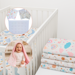 Kit Enxoval Completo 8 Peças 100% Algodão – Lençol Berço Padrão Americano com Elástico + Travesseiro Antissufocante + Fronhas + Manta